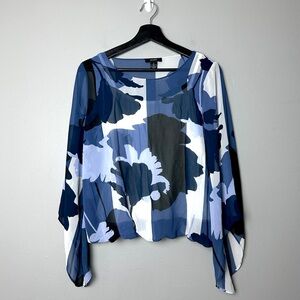 Alfani Blue Black And White Floral Women's Boxy Blouse Relaxed Fit Size Small